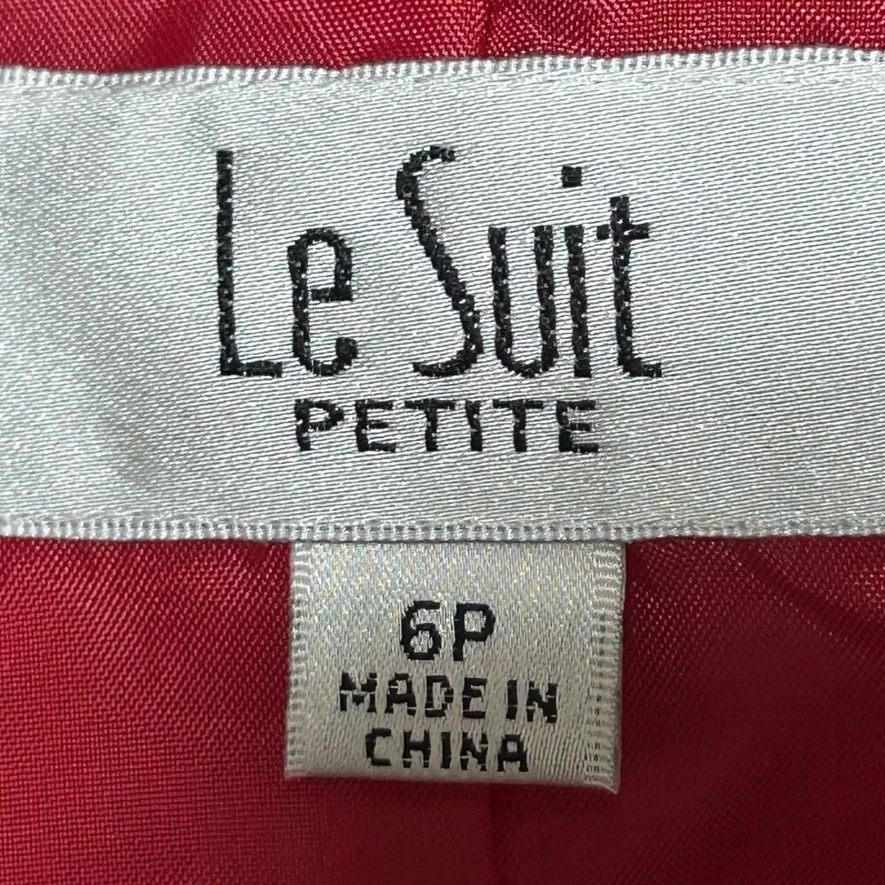 Le Suit Skirt Set Womens Petite 6P Red Textured Button Puff Sleeve Jacket Skirt